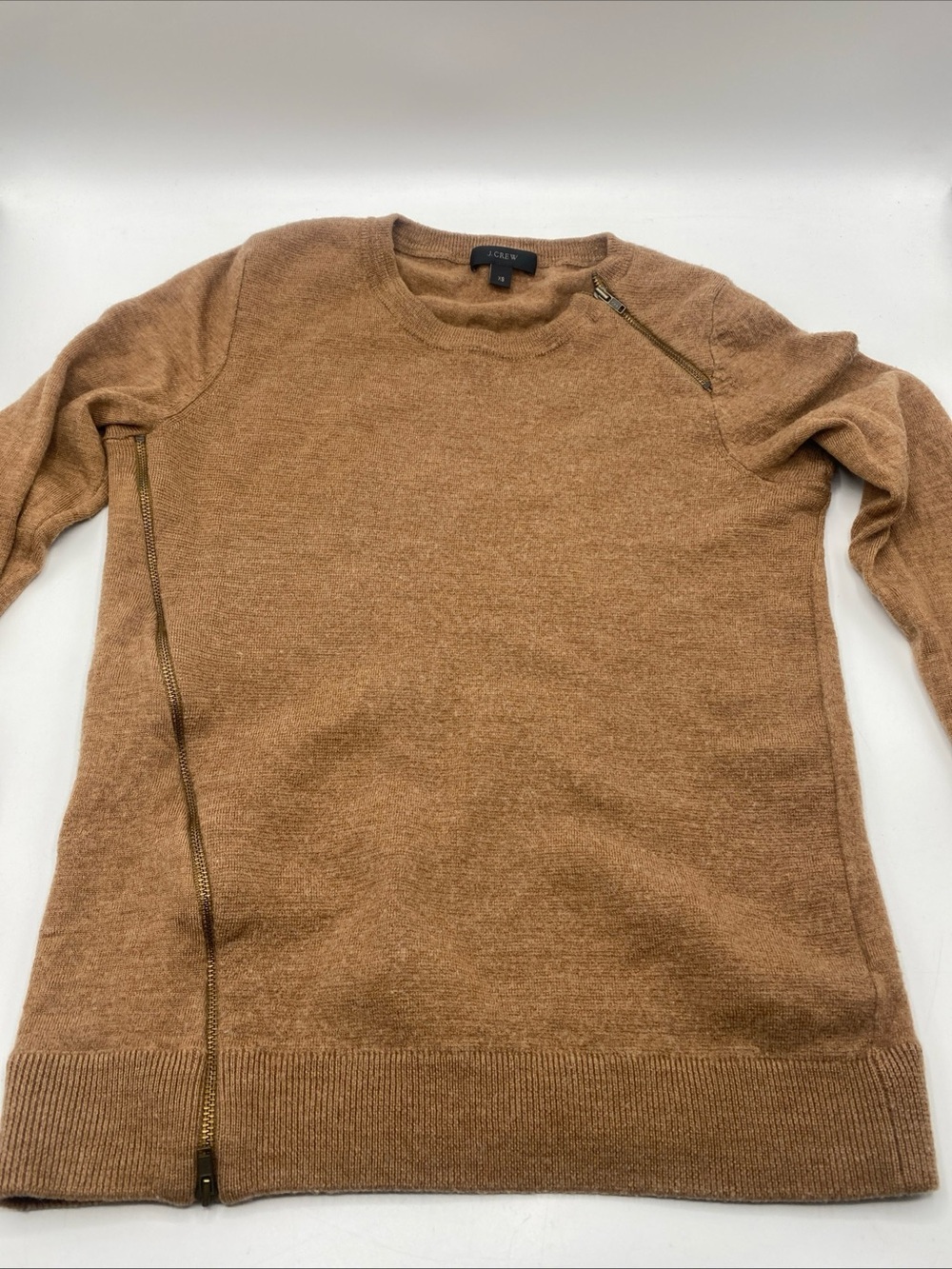100% Merino Wool Sweater Knit Brown Zipper Shoulder Women Brown XS Extra J Crew
